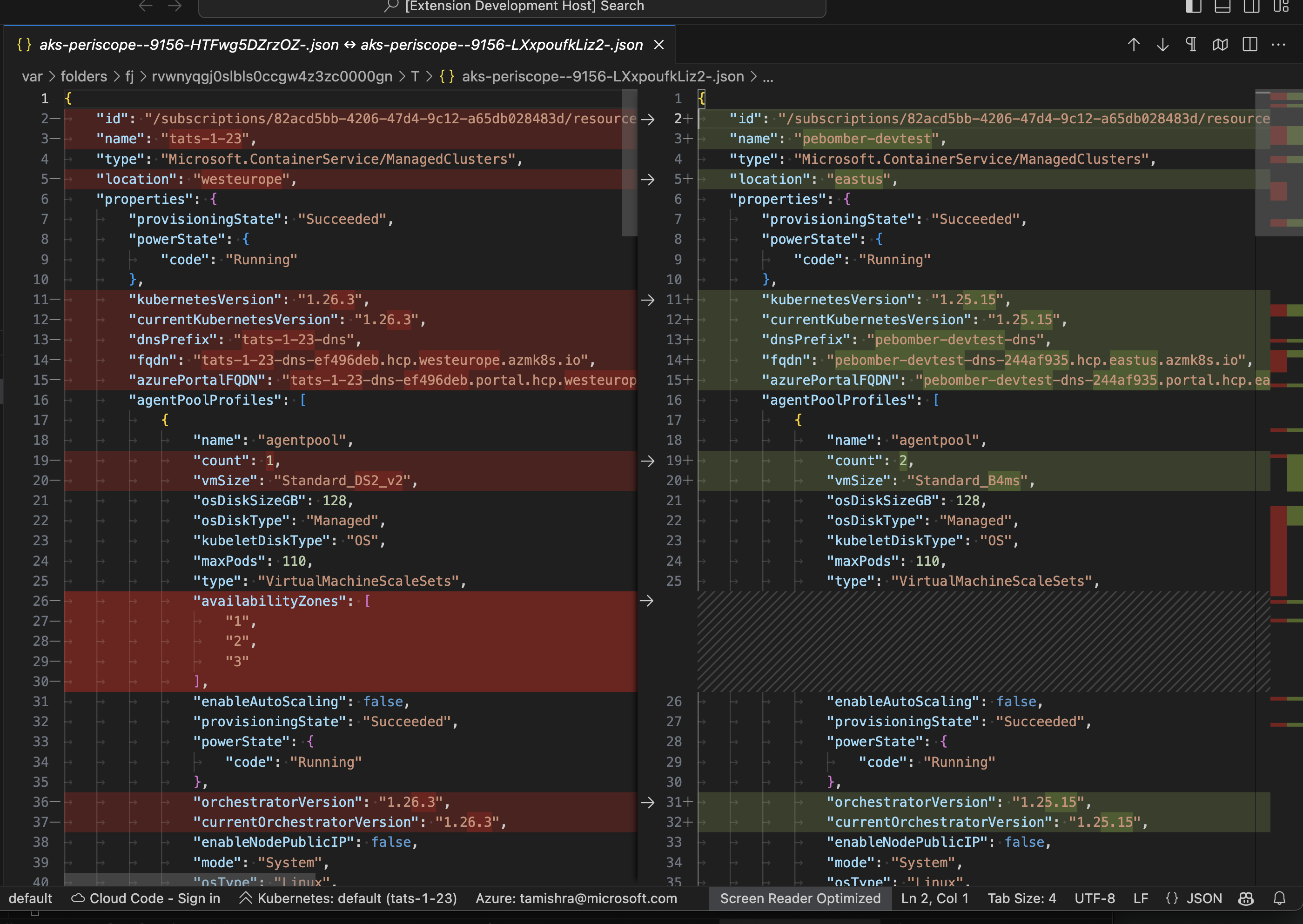 Cloud Explorer Compare AKS Cluster