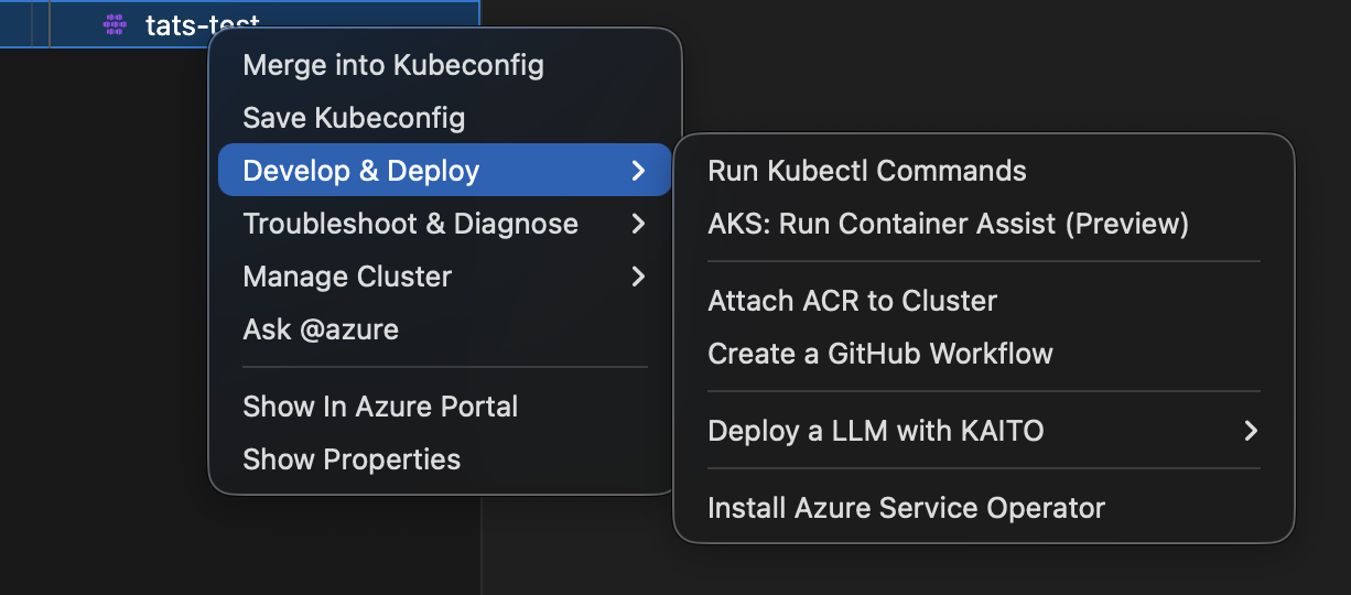 Classic AKS cluster context menu structure