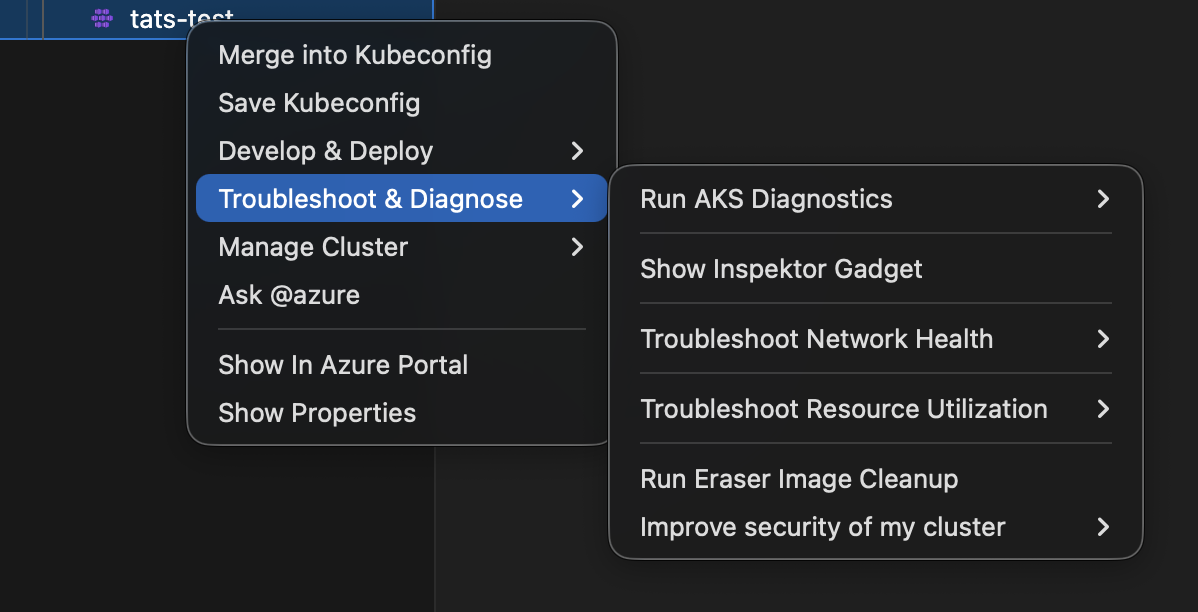 Simplified AKS cluster context menu with grouped categories