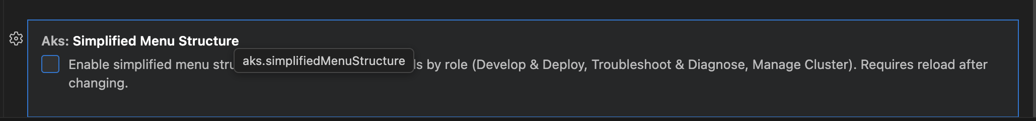 VS Code user settings showing simplified menu feature flag